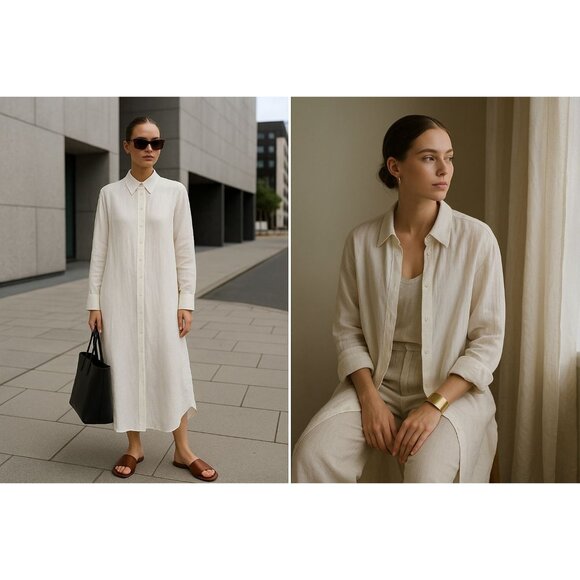 Aaron & Amber Womens Linen Maxi Shirt Dress Ivory M Coastal  Minimalist  Resort - Picture 2 of 16